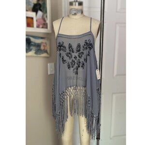 FOREVER 21 ART DECO Beaded flapper Fringe trim Camisole Tank Slip *SMALL*
